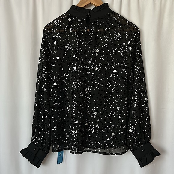 Cupshe NWT Black Silver Stars Ruffled Long Sleeve Blouse Shirt Top **Size S** - Picture 2 of 4
